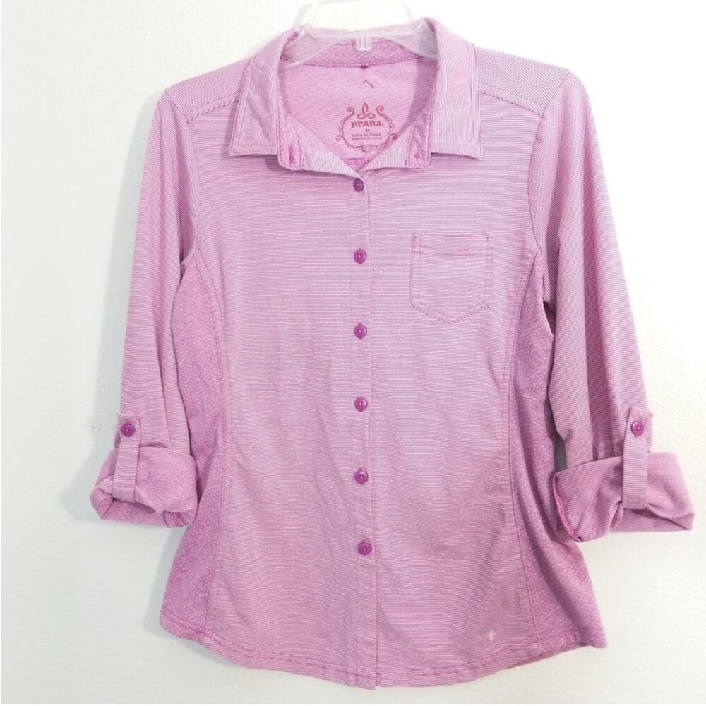 Prana striped tab sleeve button front shirt M
